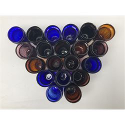 Victorian pressed coloured glass tea lights, in various colours, H9cm (20)