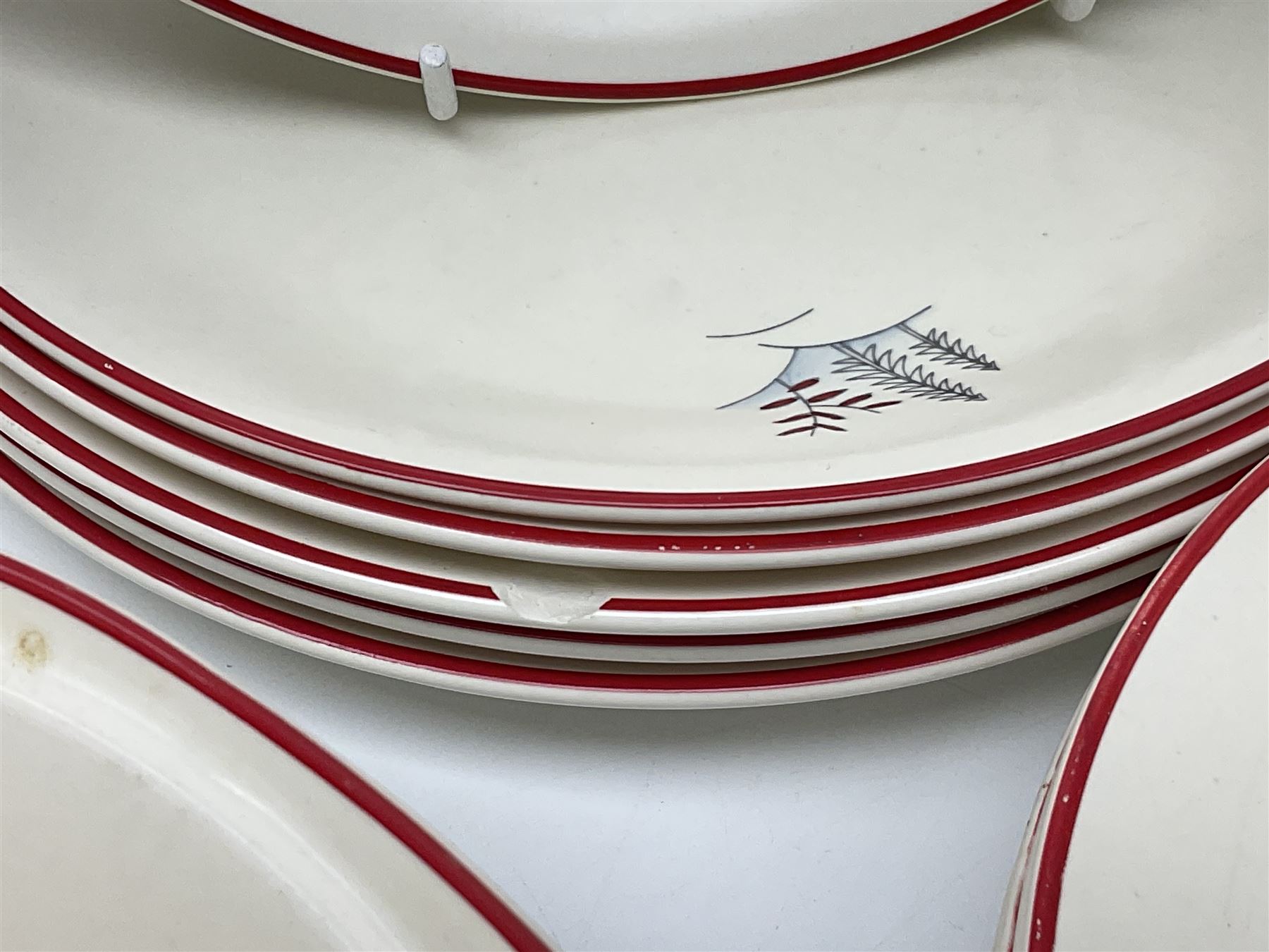 Crown Devon Stockholm patterned tea and dinner wares, to include, five teacups and saucers, milk jug, open sucrier, six dessert plates, six side plates, six dinner plates, serving platter, etc (42)