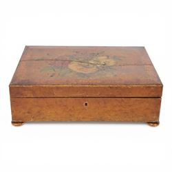 19th century satinwood sewing box, of rectangular form, the hinged cover with foliate deco...