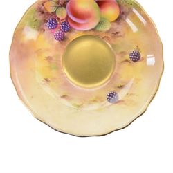 Royal Worcester fruit painted cabinet scallop edge teacup and saucer,  interior hand painted with apples and berries upon a mossy ground, the cup exterior and centre of saucer gilded, cup signed W. Bee and saucer signed H. Ayrton, each with puce coloured printed marks beneath, H8cm