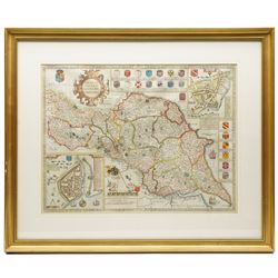John Speed (British 1552-1629): 'The North and East Ridings of Yorkshire', 17th century engraved map with hand-colouring with inset plans of Richmond and Hull and numerous armorials, English text verso  pub. by Thomas Bassett and Richard Chiswell c.1676, 40cm x 52cm