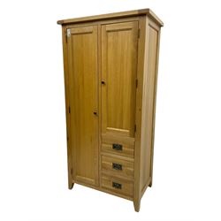 Light oak combination wardrobe, fitted with full-height compartment, single cupboard and three small drawers