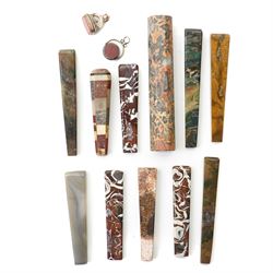Collection of ten 19th century agate knife handles of varying designs, paperweight of octa...