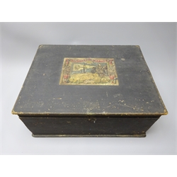  Ernst Plank magic lantern with black japanned body, brass chimney and lion paw feet in original ebonised box with seven 24cm coloured glass slides including transport through the ages, the hinged lid with paper labels to both sides W36cm  