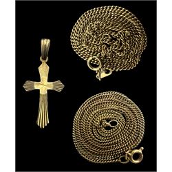 9ct gold jewellery, including two chains and a cross pendant, all hallmarked 