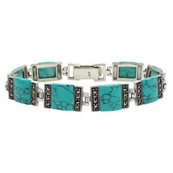 Silver turquoise and marcasite rectangle link bracelet, stamped 925