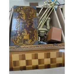 Collection of metalware, including brass weights, fireside tools, sauce boat, etc, together with a chess set, records, two studio pottery lamps etc