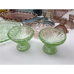 Swedish Svenskt Glass limited edition blue glass salmon, modelled by Paul Hoff, together with two vintage moulded coloured glass dressing table sets with jars and trays, spinning shot glass holder with abstract design glasses and an Art Deco vase, etc 