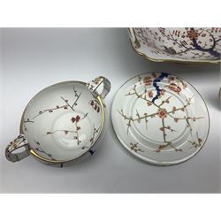 19th century Royal Crown Derby in cherry tree pattern, twin handled sauce dish and saucer and twin handled dish, together with three Royal Crown Derby plates, including one signed WEJ Dean