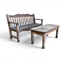 Teak garden bench, wavy shaped rail and slatted seat, with matching coffee table (2)
