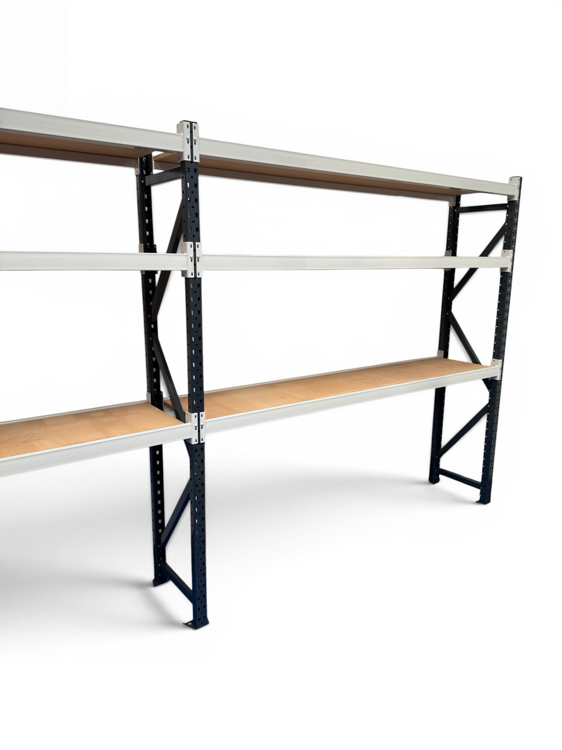 Two bays of Constructor warehouse racking with MDF boards