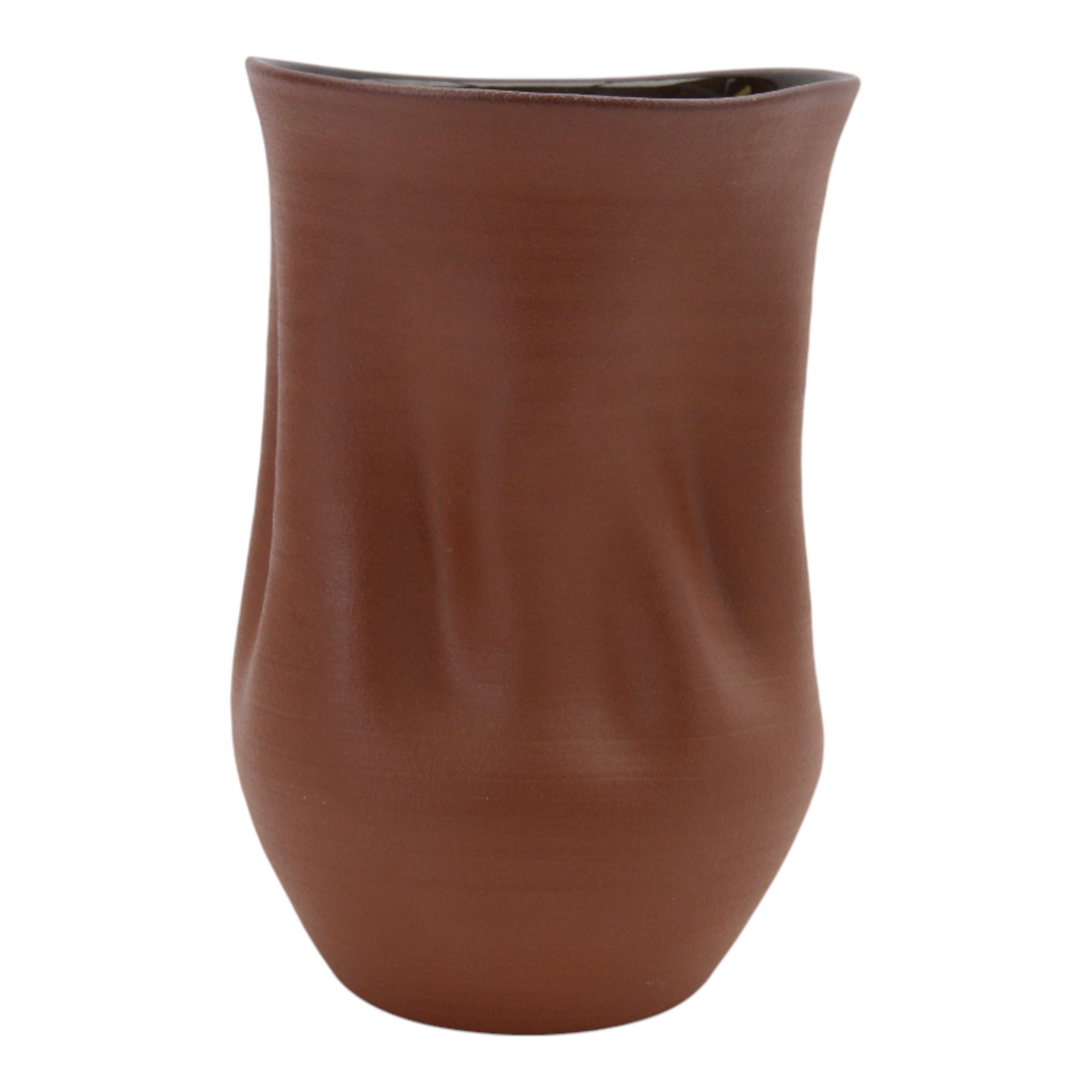 Nicholas Arroyave Portela (c1972-): earthenware vase with ribbed and crumpled surface covered in terracotta glaze to the exterior and brown glaze to the interior, impressed NAP mark, H22cm