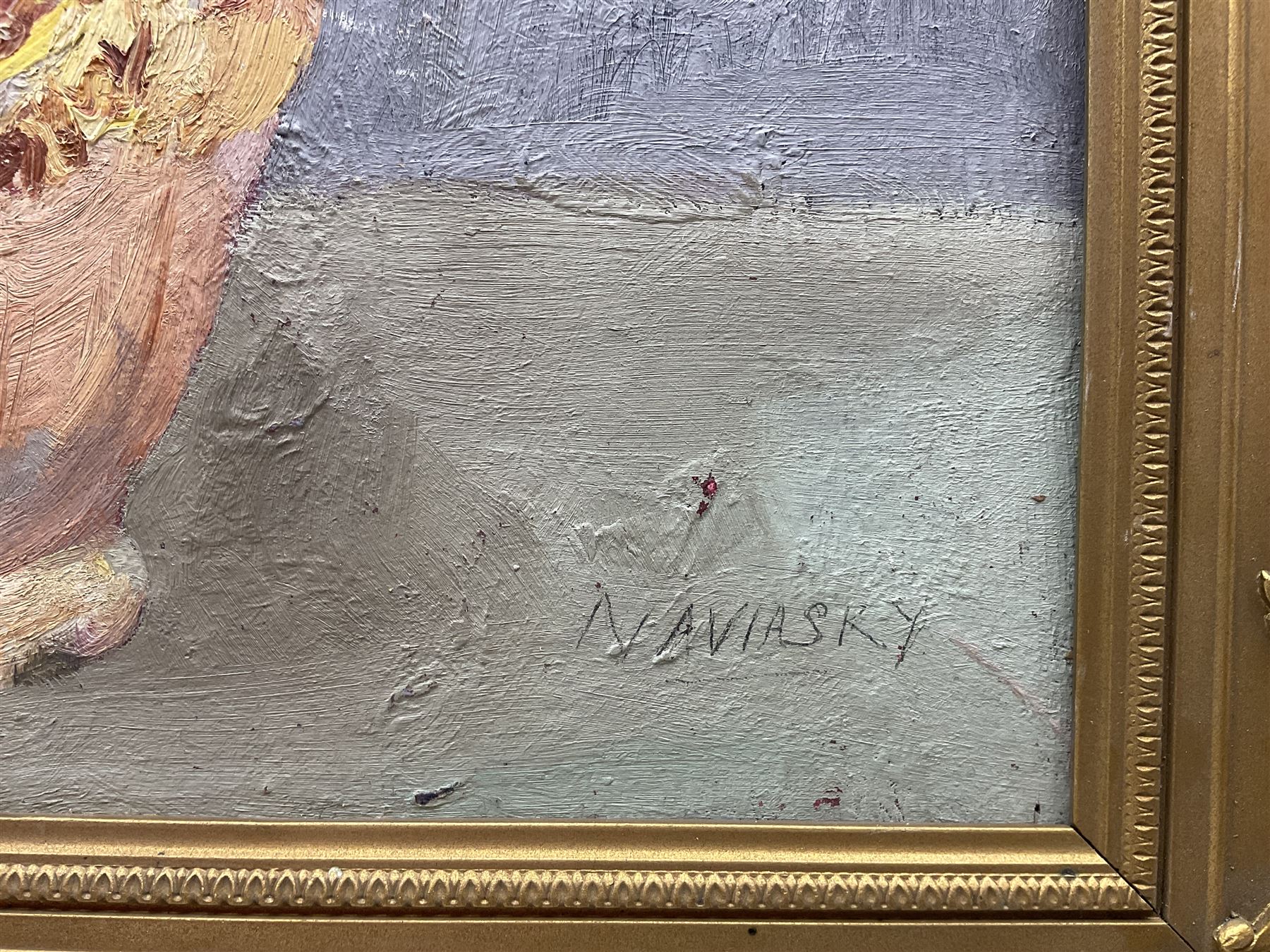 Philip Naviasky (Northern British 1894-1983): Still Life of Flowers in a Vase (recto) and Portrait of a Girl with a Bow in Her Hair (verso), two oils on board painted recto and verso, the former signed in pen 56cm x 41cm