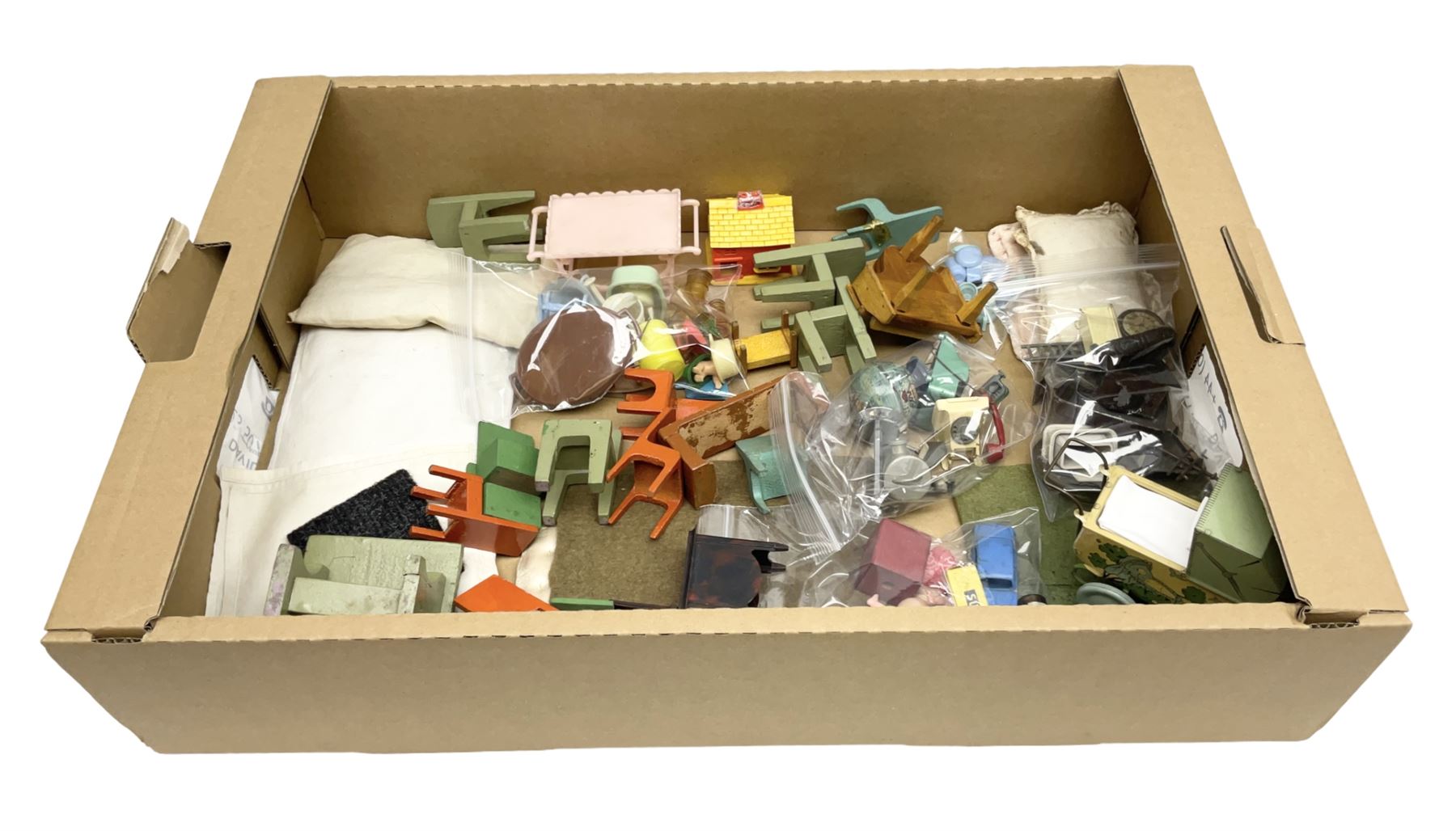Quantity of various scale 1930s doll's house furniture including wooden grand piano, tables and chairs etc; plastic accessories including Fairy Lite sewing machine, trays, table wares, buckets, high chair etc; metal items including tin-plate doll's pram, terrestrial globe, die-cast typewriter and telephone, companion set and coal scuttle etc