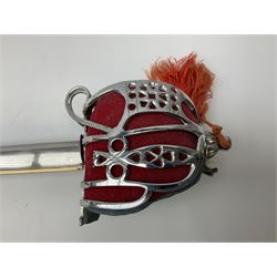 Reproduction Scottish basket hilted broadsword with 85cm double edged steel blade and red lined basket hilt with wire bound grip, in white metal mounted leather scabbard 107cm overall
