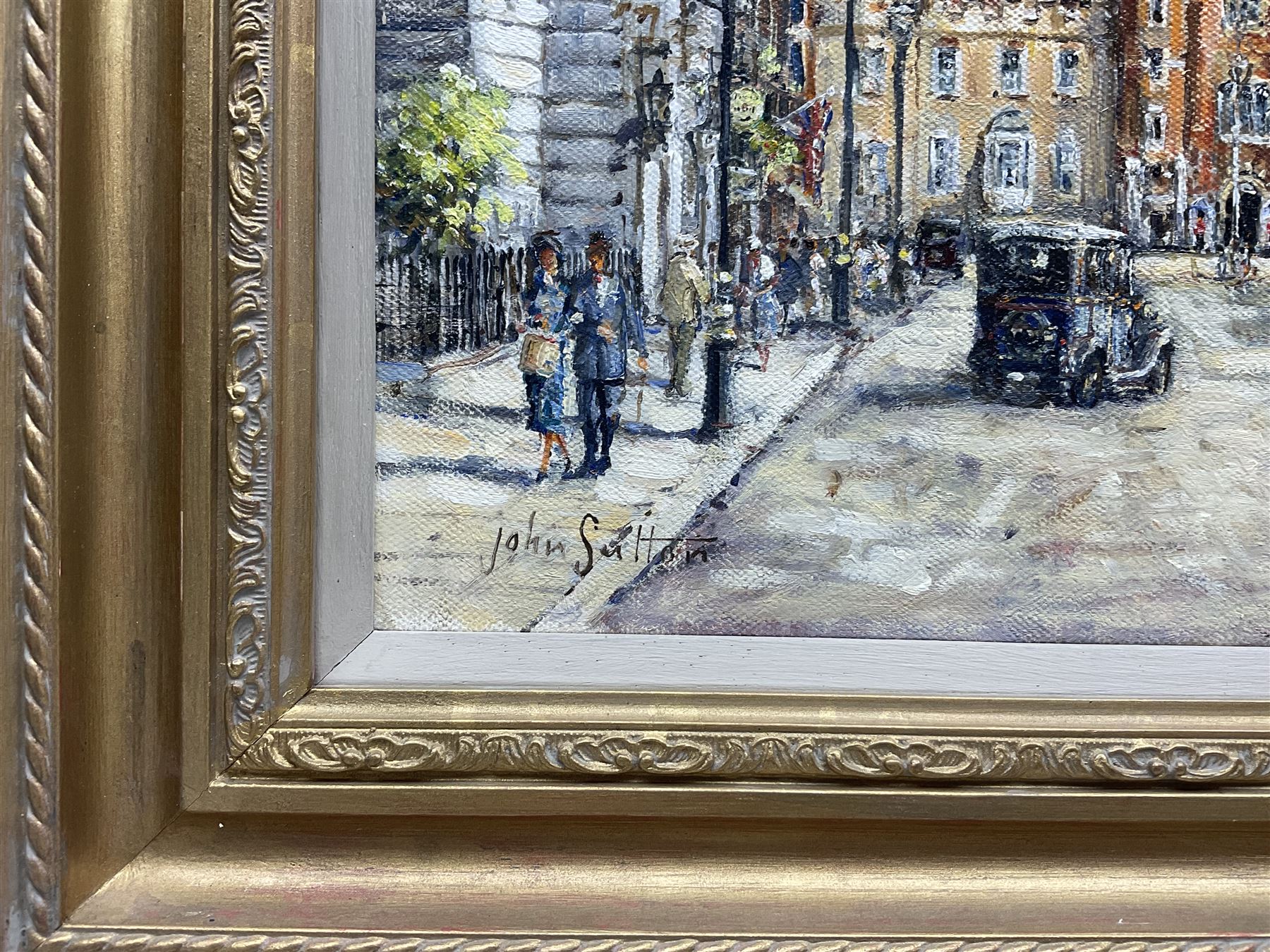 John Sutton (British 1935-): 'Afternoon in St James's Street - 1935', oil on canvas signed, titled verso 39cm x 55cm  