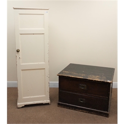  Early 20th century painted pine campaign style chest, two drawers, platform base (W83cm, H56cm, D68cm) and a painted pine cupboard, single door enclosing fitted shelves (W53cm, H155cm, D38cm) (2)  