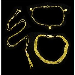 9ct gold heart charm bracelet, 9ct gold fine nine strand bracelet and a 14ct gold tassel necklace