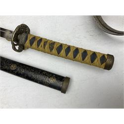 Reproduction Japanese katana with 63cm slightly curving fullered steel blade, ornate tsuba, cord bound grip and gilt transferred black saya L92cm; and two fencing foils, one marked Leon Paul (3)