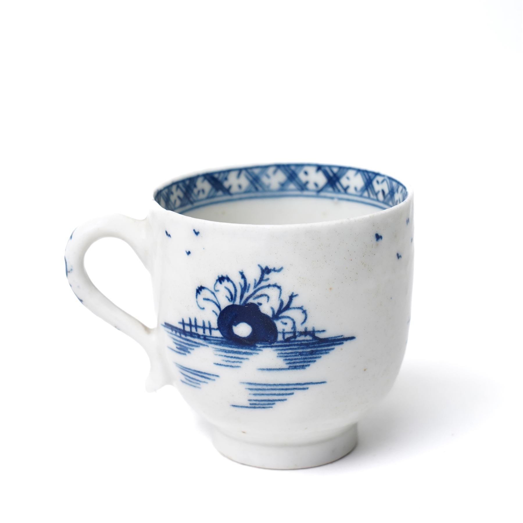 18th century Lowestoft porcelain coffee cup and saucer painted in the 'Two Pagoda Island' pattern, c1765-75, coffee cup H5.5cm