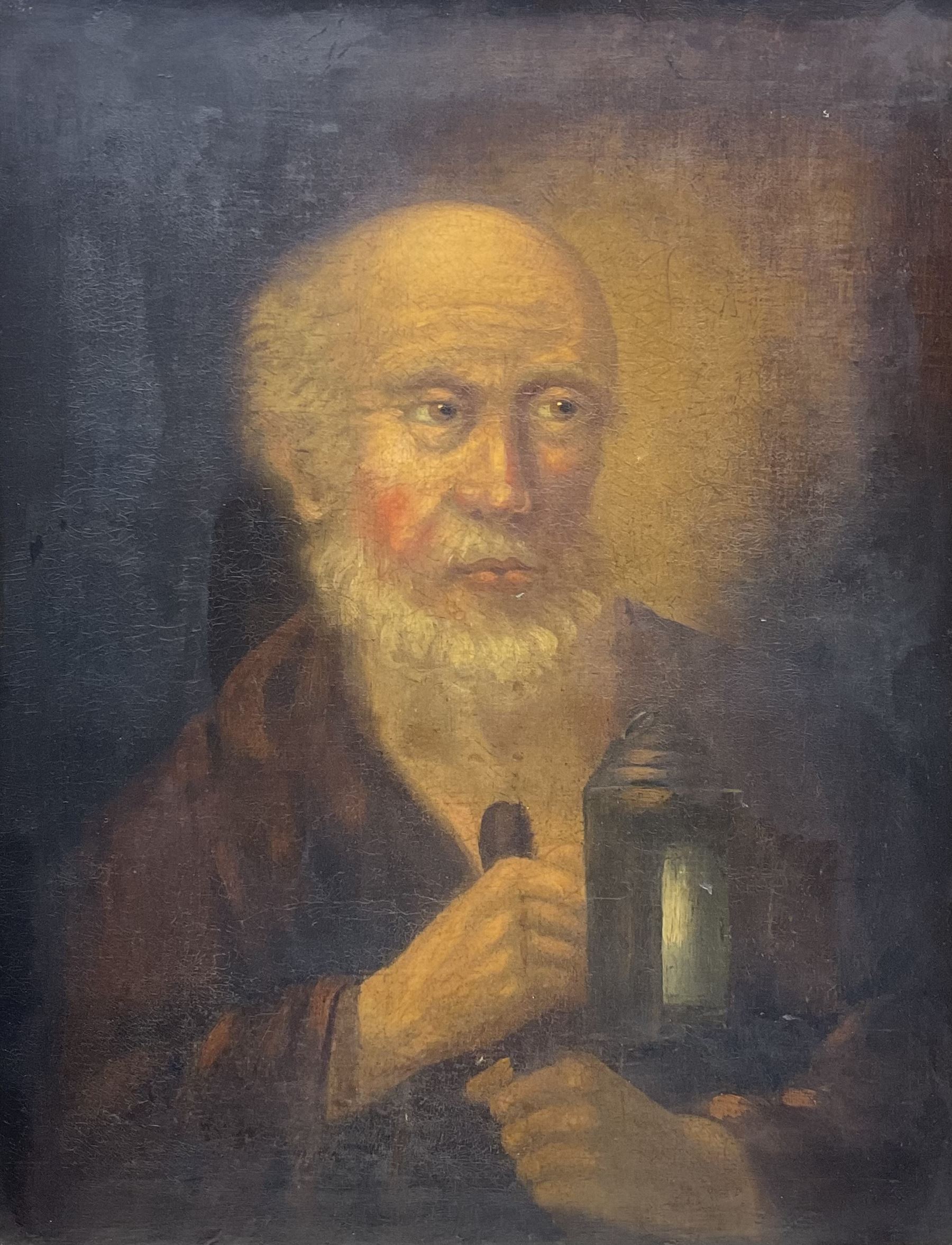 Continental School (19th century): Portrait of a Bearded Monk Holding a Lamp, oil on canvas unsigned 65cm x 50cm