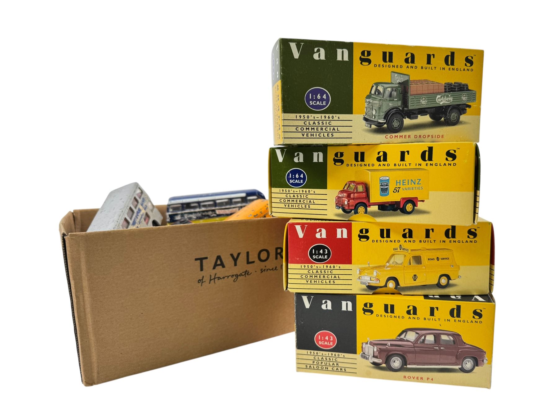 Matchbox Major Pack Car Transporter, Dinky Toys Conveyancer Fork Lift Truck, four Vanguards 1:64 diecast vans/lorries and two Matchbox lorries, all boxed, together with four unboxed diecast buses including Dinky Toys Wayne School Bus
