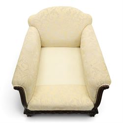 Quality Edwardian carved mahogany lounge suite comprising three-seater settee and pair of armchairs, the sofa with arched back over rolled arms and deep sprung seat, the arm terminals carved with acanthus rosette over gadroon and rope-twist moulding, the shaped apron carved and moulded with scrolling foliate acanthus motifs, terminating to four large front hairy paw and ball feet, upholstered in pale yellow foliate fabric with matching seat and scatter cushions (W200cm D105cm H73cm); the matching deep armchairs (W78cm D95cm H75cm)