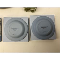 Late 19th century pale blue Wedgwood Jasperware cheese dome with cover, decorated with acorn and oak leaf bands surrounding neo-classical ladies, cherubs, flowers and trees, impressed Wedgwood mark beneath, together with further Wedgwood Jasperware teapots, boxed dishes etc