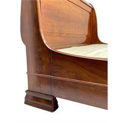 Simon Horn - 'Chatsworth' hardwood 5' 3'' Queen-size sleigh bed or lit bateau, panelled head and footboard with scrolled frames, on moulded block feet, with upholstered base