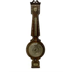 A Victorian rosewood mercury barometer with a swan’s neck pediment and brass finial, edge of the case profusely inlaid with mother of pearl inlay, 10” silvered dial with decorative engraving depicting a windmill and cottage to the centre, mercury syphon tube recording barometric air pressure from 28-31 inches with weather predictions, dial inscribed “Warranted” “ Hull” “Agostino Maspoli”, with a steel indicating hand and brass recording hand within a convex glass and cast brass bezel, circular hygrometer and boxed mercury thermometer indicating the temperature in degrees Fahrenheit, rectangular level bubble and recording hand setting disc. 
The Italian Maspoli family were prolific makers of  barometers, mathematical, philosophical and optical instruments in 19th century Hull, working from 49 Salthouse Lane (1826-31), 79 Lowgate (1835-55) and Robinson Row (1839-1859) They are also recorded as watch and looking glass makers. 
      
