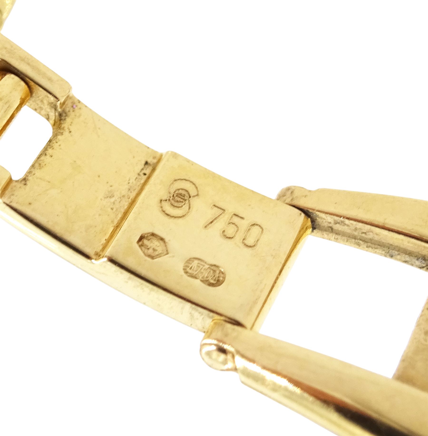 Ebel Brasilia ladies 18ct gold quartz wristwatch, Cal. 967, mother of pearl dial with diamond dot hour markers, on integral 18ct gold bracelet, with fold-over clasp, stamped 750 with Bernard dog hallmark