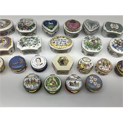 Six Halcyon Days enamel boxes, comprising of Christmas 1985, 1986, 1987, 1989, Mother's day 1989 and St Valentine's 1987, together with four Crummles enamel boxes, including two limited edition Anno Domini boxes, nine Melodies Of Love Franklin Mint music boxes and four other trinket boxes. 