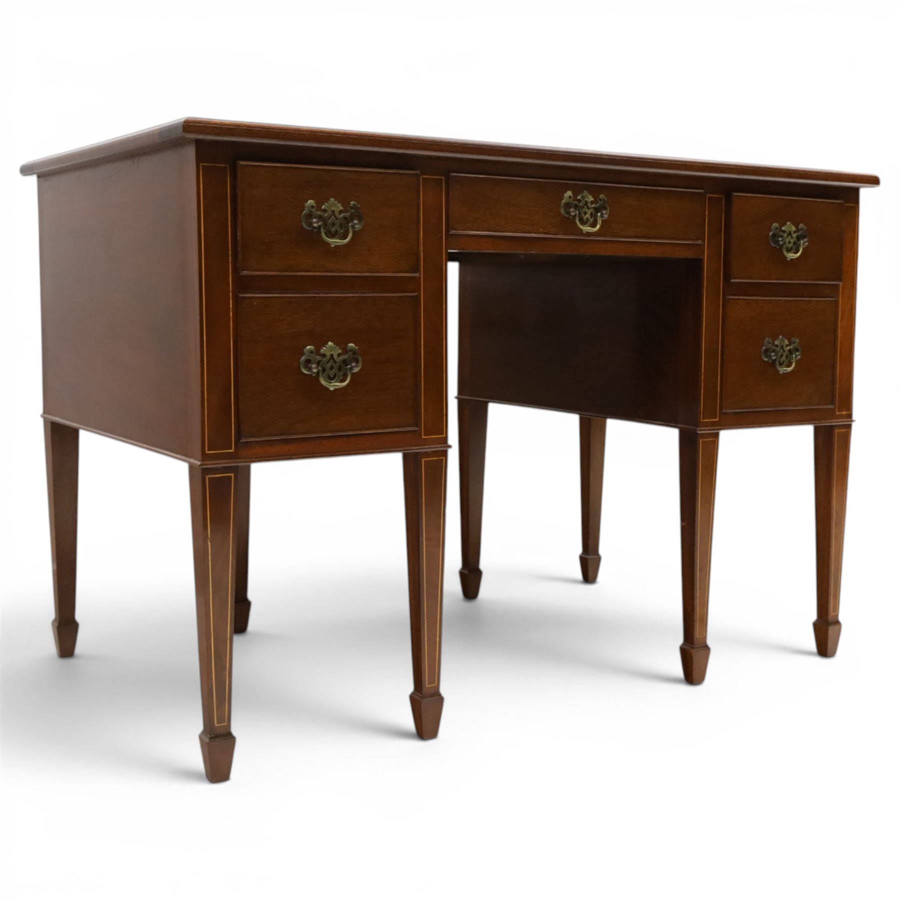 Acornman - Edwardian style mahogany kneehole desk, rectangular top with inset tooled green leather writing surface, central frieze drawer flanked by two further drawers either side, on square tapering inlaid supports terminating in spade feet, with signature carved acorn, by the workshop of Alan Grainger of Brandsby