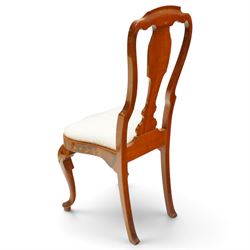 Set of eight (6+2) Dutch design walnut and floral marquetry dining chairs, the high backs with shaped cresting rail over a vasiform splat inlaid with Neoclassical urns and bouquets of foliage and bellflowers, ivory upholstered drop-in seat over scallop shell inlaid apron and cabriole supports with pad feet