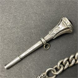 Silver curb link watch chain and two miniature propelling pencils with stone set seals