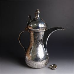 Middle Eastern silver coffee pot or Dallah, of baluster form with elongated spout and domed lid, with chased scrolling foliate decoration, the lid with applied silver plaque with presentation engraving, stamped 925 to base, H26.5cm