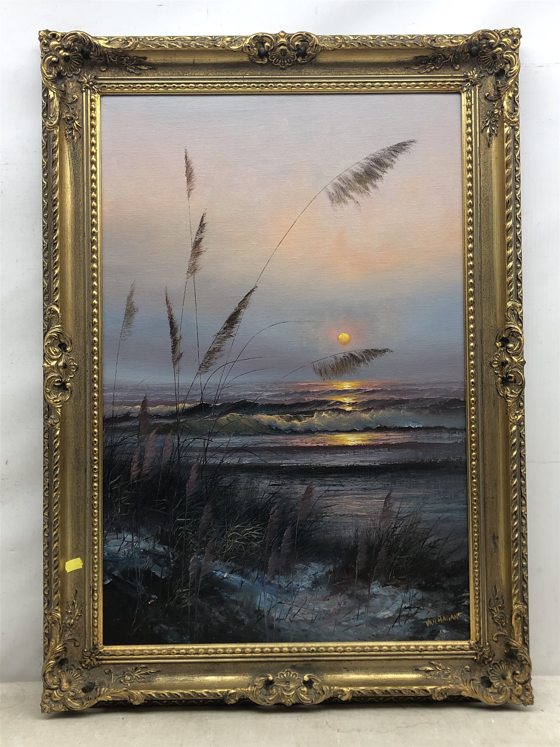 Van Hagan (20th century): Sunset on the Shoreline, oil on board signed 75cm x 50cm