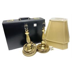 Leather Suitcase, together with a pair of brushed metal table lamps and lampshades, lamps H34cm