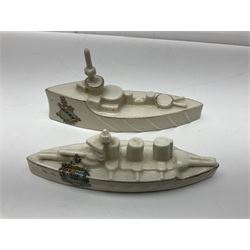 Ten WW1 crested china military models comprising submarine, four ships including Lusitania, four Zeppelins/balloons and an aircraft; various makers including Arcadian China, Swan China, Carlton China, Waterfall, Grafton China etc; various crests including Saint Neots, Great Yarmouth, Tewksbury, Swanage, Simons Town, Hull etc (10)
