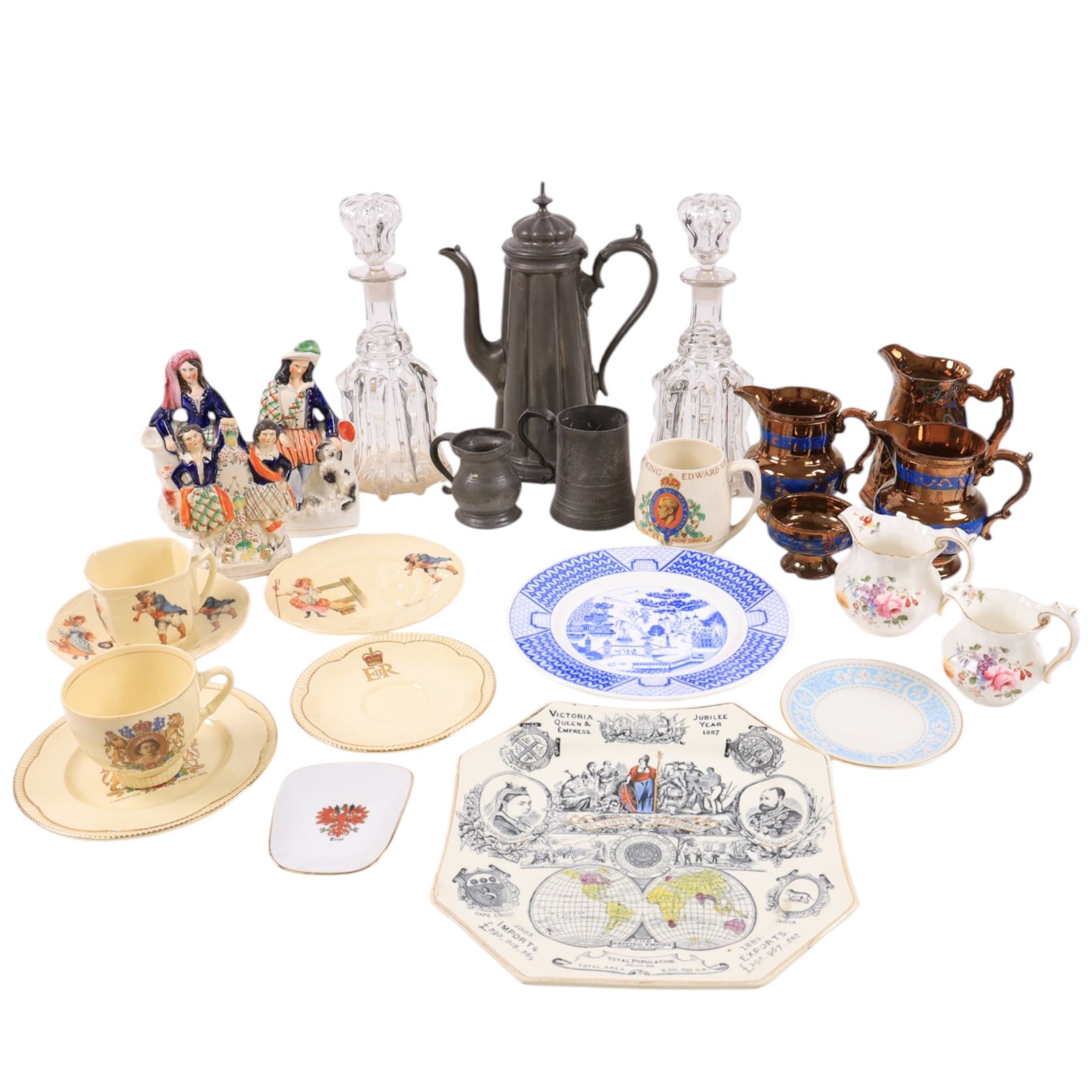 Royal Doulton nursery rhyme trio 'there was a little man, and he had a little gun', pewter coffee pot and tankards, commemorative ware, two mallet decanters, etc