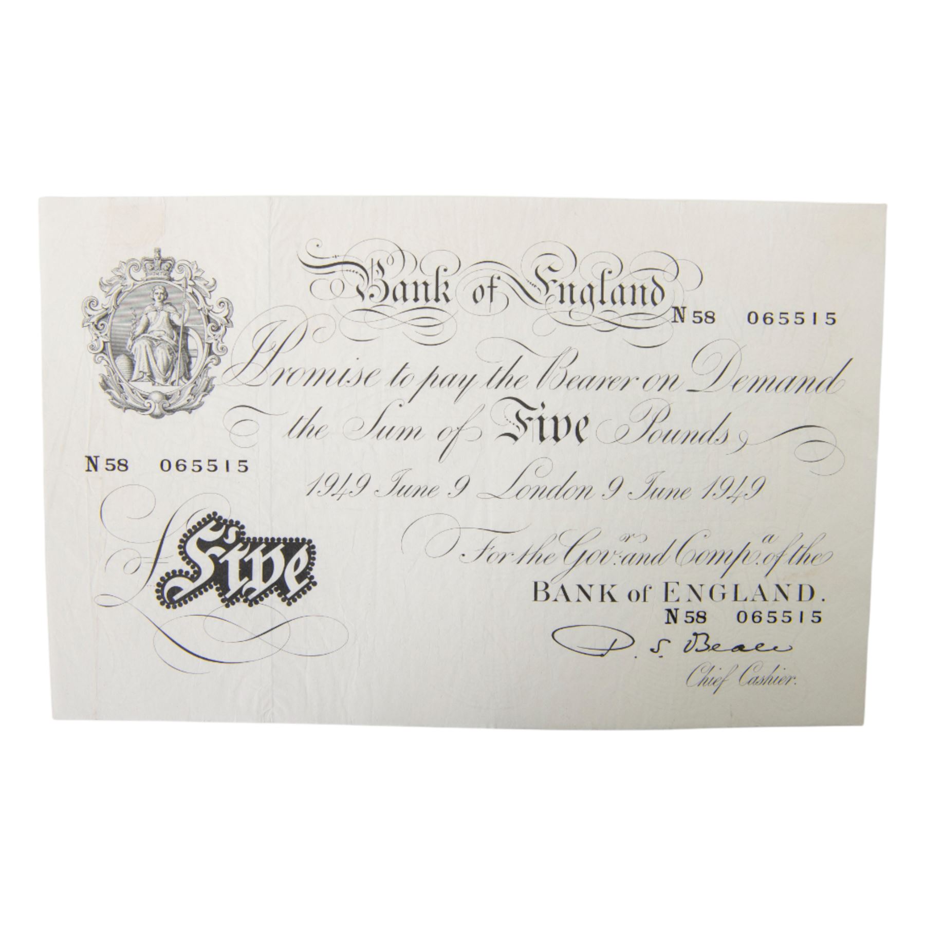 Bank of England Beale white five pound note, N58 065515 London 9 June 1949