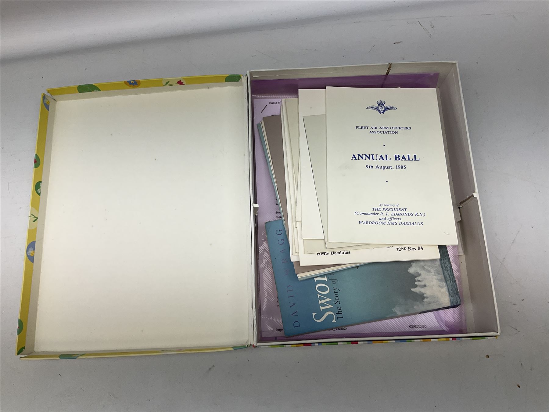 Framed WW2 'Special Order of the Day' poster date 24th May 1940 relating to Narvik in Norway; WW1 Princess Mary Christmas tin with quantity of uniform buttons; cigarette silk of the Prince of Wales in uniform; Royal Navy dinner menus, including HMS Daedalus Taranto forty-third, forty-fourth and forty-fifth anniversary dinners, 1983-1985, the wardroom mess summer ball, etc   