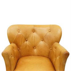 John Lewis - Pair of ochre leather tub chairs, downswept arms, button back and arms, raised on dark supports 