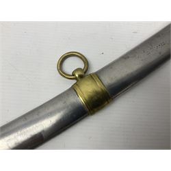 Early 19th century French Lancers officer's sword c1810, the 84cm curving fullered blade retaining most of its bluing, gilding and engraved decoration, inscribed I.S.& C. to ricasso (for Schimelbusch), brass three-bar hilt with elongated elliptical langets and wire-bound leather grip; in polished steel scabbard with two brass suspension rings L100cm overall