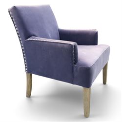 OKA - Sutcliff armchair, upholstered in purple velvet, chrome studded detailing, raised on grey stained legs