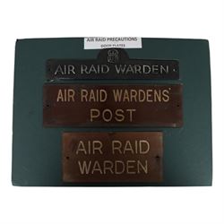 Air Raid Precautions items, including four door plates, silver lapel bedges, Women's Voluntary Service, whistle, matchbox etc  