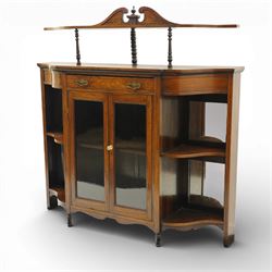 Edwardian inlaid rosewood serpentine side cabinet, fitted with open mirrored shelves, cent...