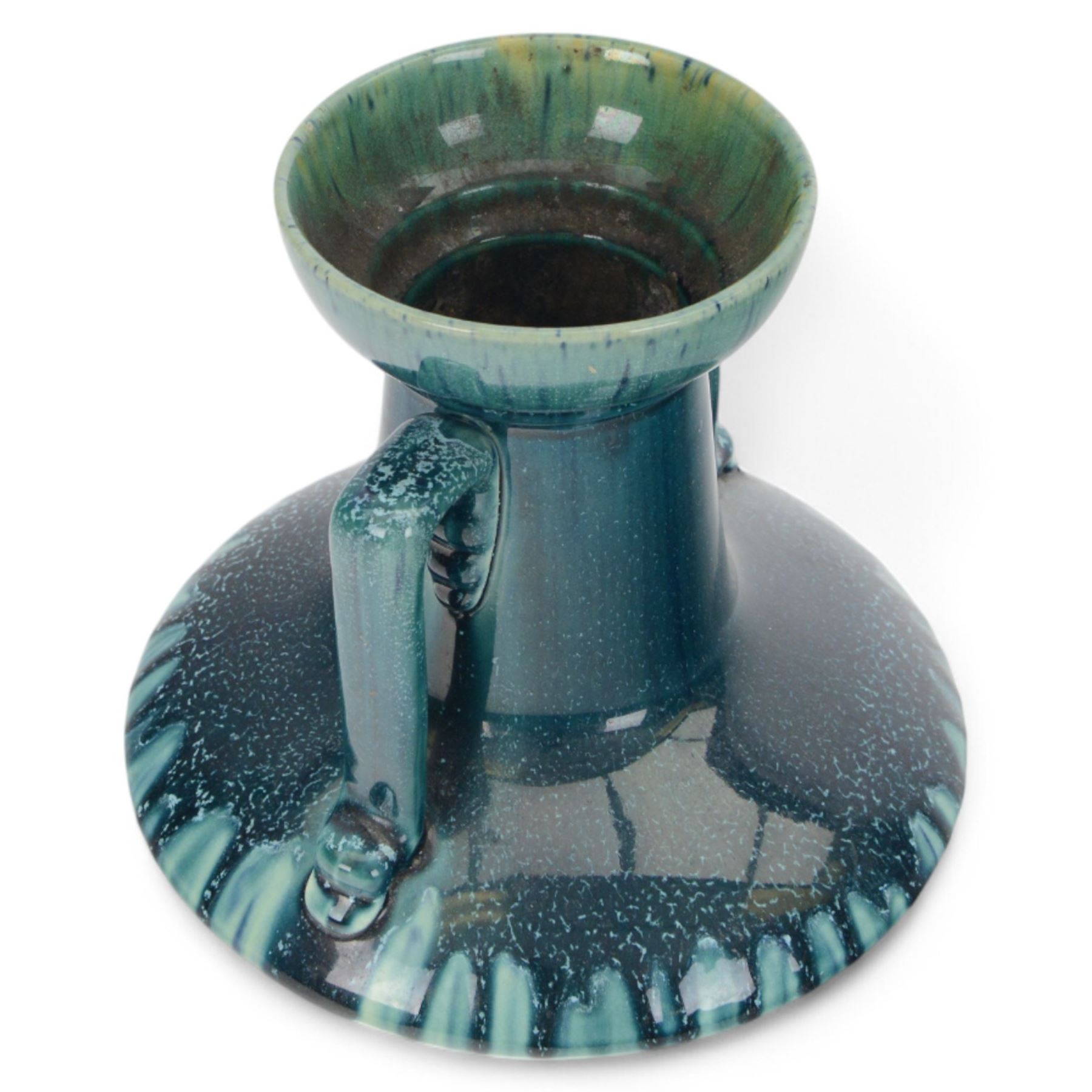 Linthorpe twin handled vase, in green and blue trailing glaze, impressed marks beneath, H22cm 
