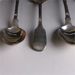 Eight Victorian silver Fiddle pattern dessert spoons, all with engraved initials to terminal, including a set of six York silver spoons, hallmarked James Barber & William North, York 1844 