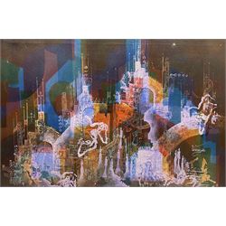Jan Wenczka (Polish 1946-): Abstract Cityscape, oil on canvas signed 51cm x 76cm (unframed)